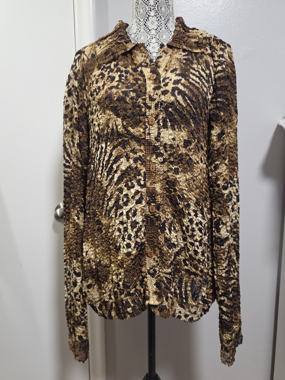 Rafael Animal Print Crinkle Button Front Blouse Brown Large Oversized
